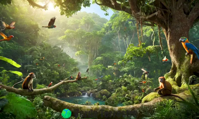 Escena de jungla vibrante con varios animales arbóreos, aves coloridas, monos y escarabajos, rodeados de follaje verde y luz filtrada