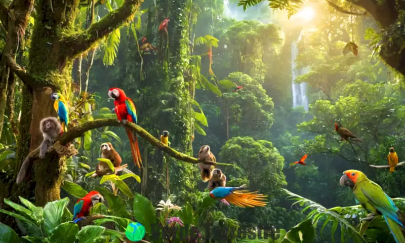 Escena de selva tropical con un loro, un perezoso y una rana en primer plano, rodeados de diversos animales entre hojas verdes y flores