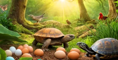 Ilustración colorida de animales ovíparos y ovovivíparos en un nido