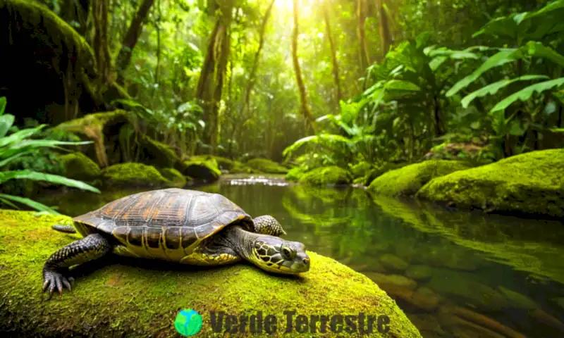 Reptiles diversos, como serpientes, lagartos y tortugas, conviven en una selva tropical llena de vegetación y un río sereno