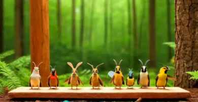 Infografía colorida que muestra siete animales que comen madera en un bosque
