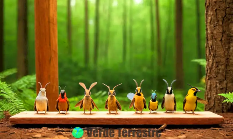 Infografía colorida que muestra siete animales que comen madera en un bosque