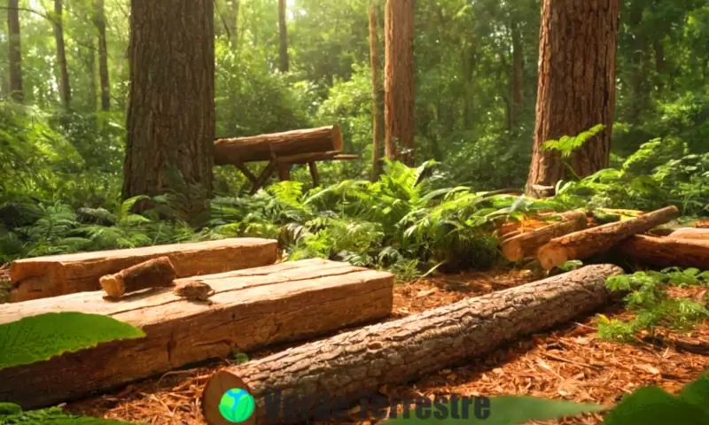 Ilustración realista de un bosque con estructuras de madera dañadas y animales como termitas, hormigas carpinteras y pájaros carpinteros en acción, junto a herramientas de mantenimiento de madera