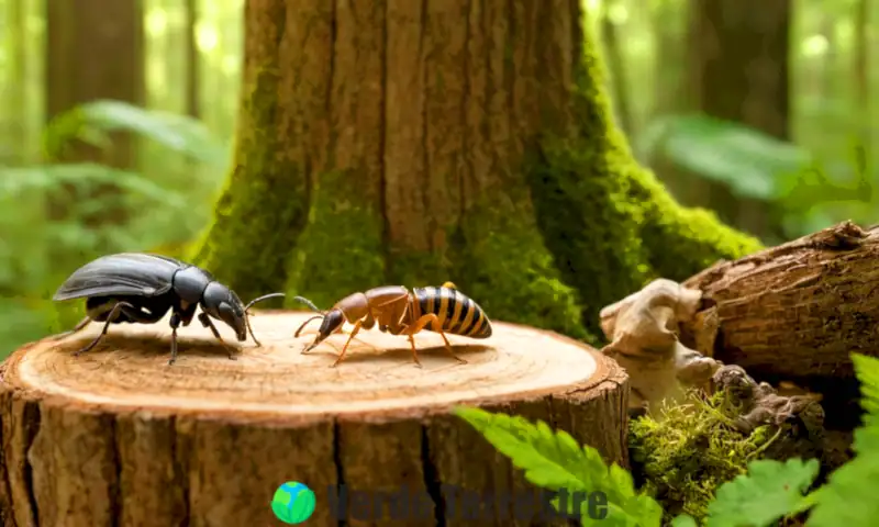 Réplica de xilófagos, como termitas y escarabajos, alimentándose de madera en un bosque natural con vegetación exuberante
