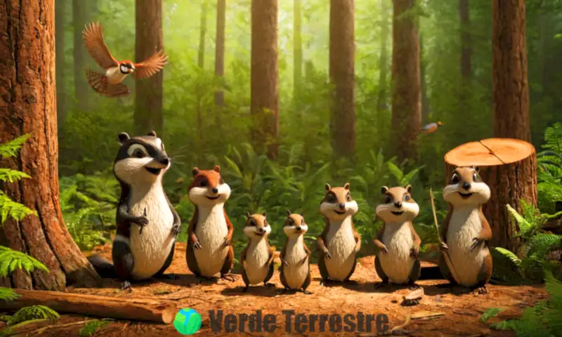 Siete animales comedores de madera interactúan en un bosque, rodeados de troncos y marcas de mordedura