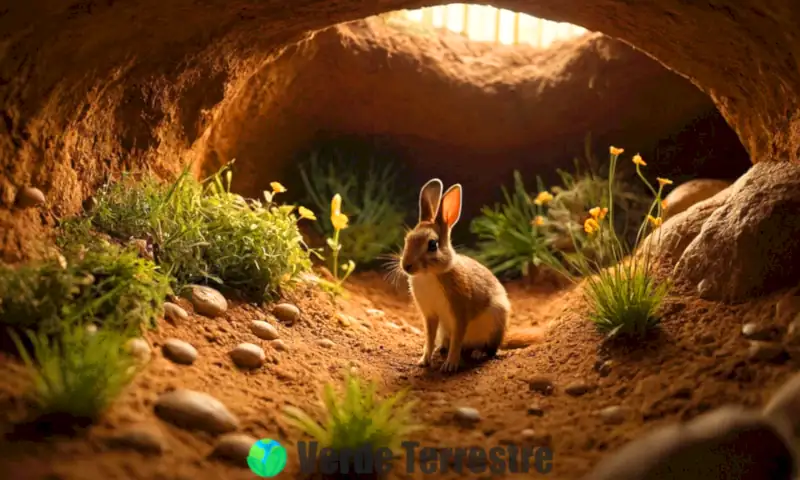 Escena subterránea encantadora con 17 animales como conejos, zorros y suricatas en hábitats acogedores, iluminada por luz cálida