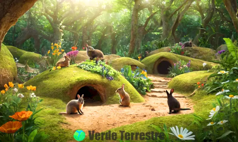 Ilustración vibrante de 17 animales en madrigueras rodeados de plantas coloridas y luz suave en un ecosistema verde