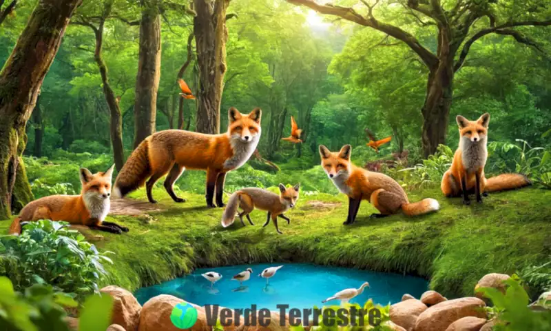 Portada con animales secundarios como zorros y aves en un bosque vibrante, mostrando biodiversidad y un cielo azul