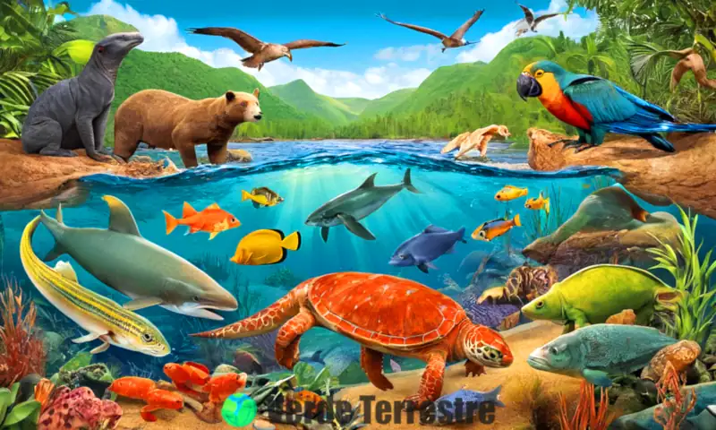 Ilustración educativa de vertebrados, mostrando mamíferos, aves, reptiles, anfibios y peces en un hábitat natural vibrante