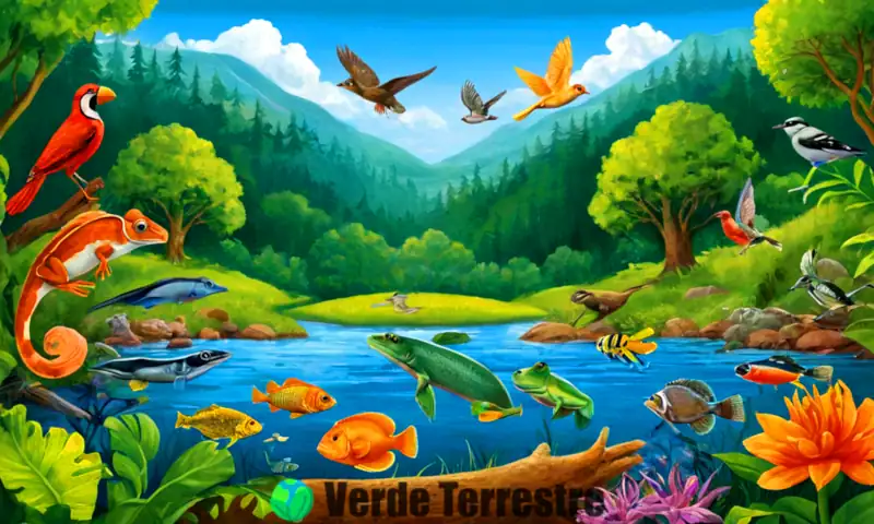 Ilustración colorida de vertebrados en un entorno natural