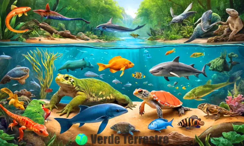 Ilustración educativa de vertebrados en un entorno natural, mostrando un mamífero, ave, reptil, anfibio y pez, cada uno etiquetado con su clasificación