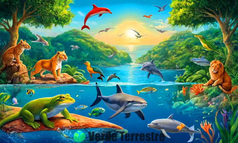 Ilustración educativa de vertebrados, mostrando un león, un delfín, un pájaro y una rana en sus hábitats: un bosque, un océano, un cielo azul y un estanque