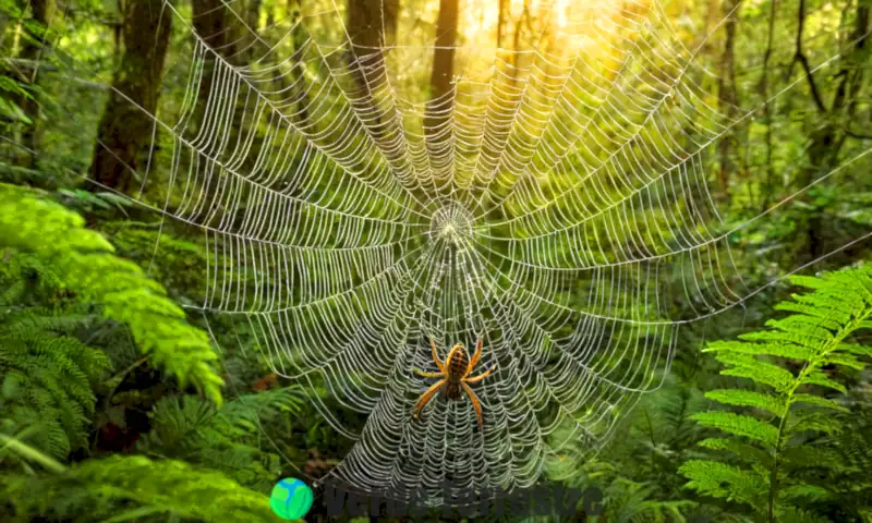 Ilustración realista de varias especies de arañas en un bosque verde, destacando una tarántula, una orb-weaver y una araña saltadora con sus colores y características únicas