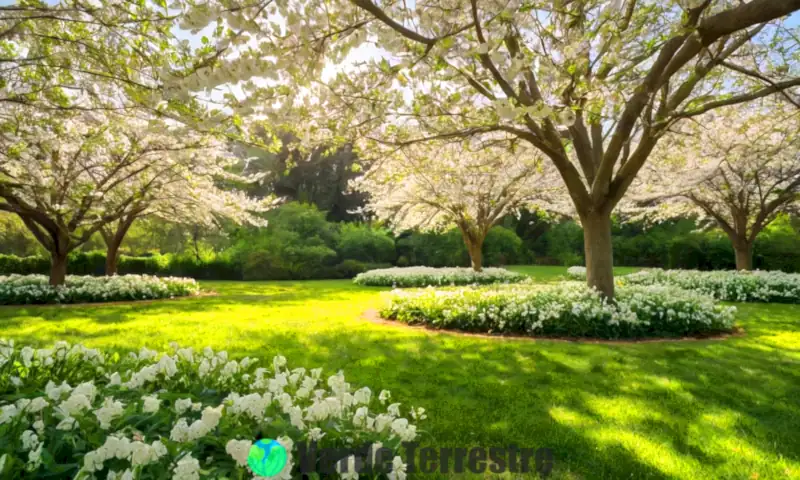 Jardín sereno con diez árboles de flores blancas, césped verde y cielo azul, con mariposas volando