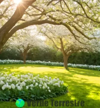 Jardín hermoso con diez árboles de flores blancas en plena floración