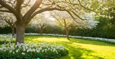 Jardín hermoso con diez árboles de flores blancas en plena floración