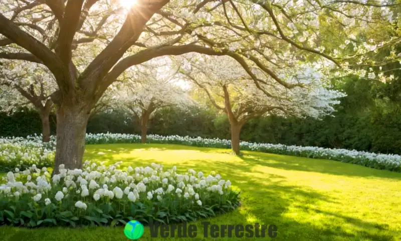 Jardín hermoso con diez árboles de flores blancas en plena floración