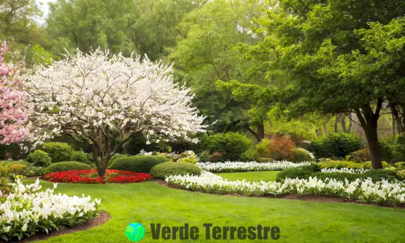 Jardín vibrante con árboles de flores blancas como Magnolia y Cerezos, cielo azul y mariposas