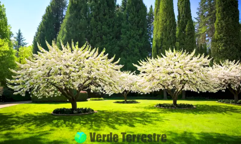 Jardín hermoso con diez árboles ornamentales de flores blancas, césped verde y cielo azul