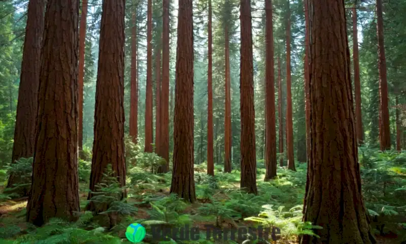 Bosque de cedros del Himalaya con árboles altos, piñas grandes y luz filtrándose entre las hojas verdes