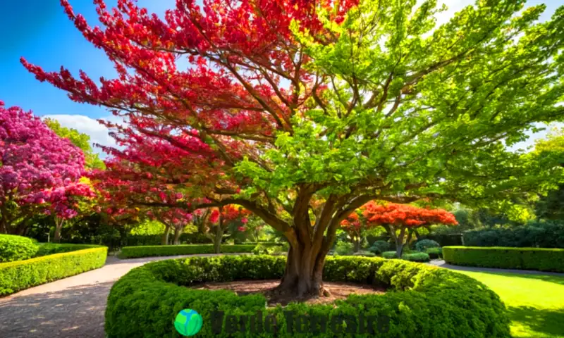 Jardín colorido con 20 especies de árboles ornamentales, flores y un cielo azul