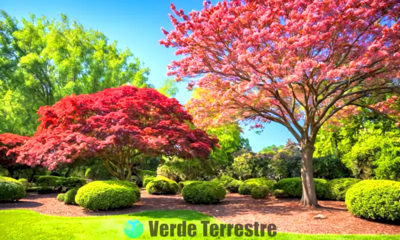 Jardín vibrante con 20 árboles ornamentales de diferentes formas y colores, rodeado de flores y cielo azul