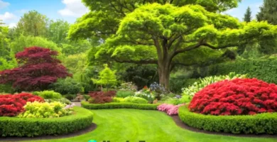 Ilustración de un jardín colorido con 11 pequeños árboles