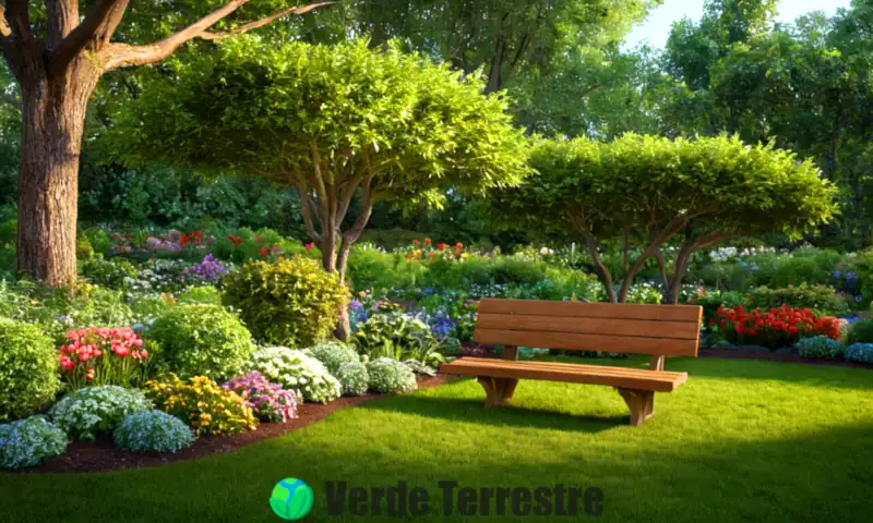 Jardín sereno con diez árboles de hoja perenne y un banco de madera bajo un árbol, todo iluminado por la luz del sol