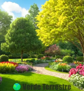 Jardín vibrante con diez árboles perennes rodeados de flores y vegetación
