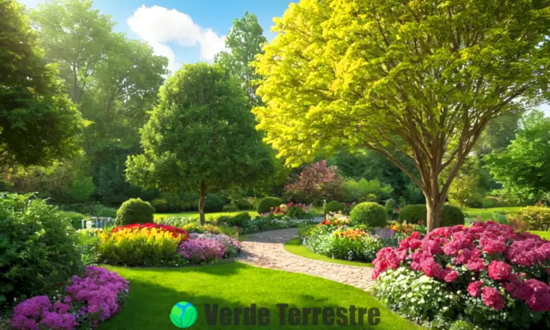 Jardín vibrante con diez árboles perennes rodeados de flores y vegetación