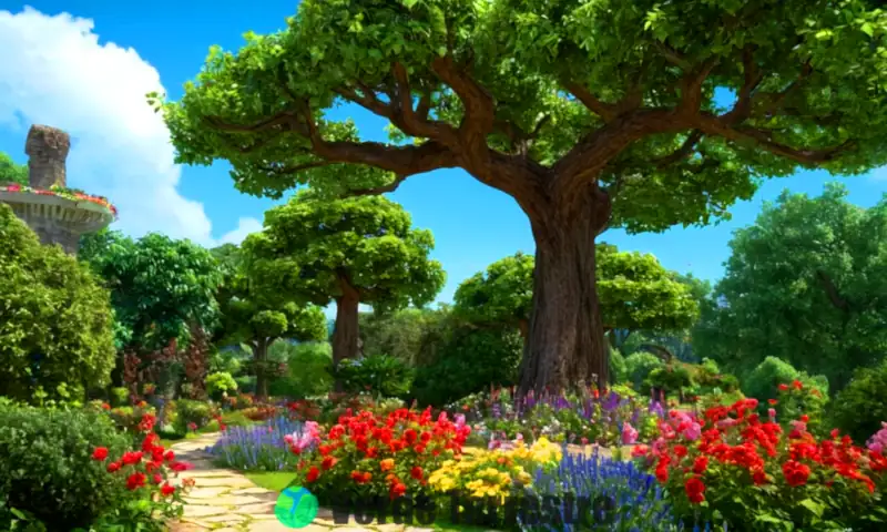 Jardín exuberante con árboles perennes, flores coloridas, mariposas y pájaros bajo un cielo azul