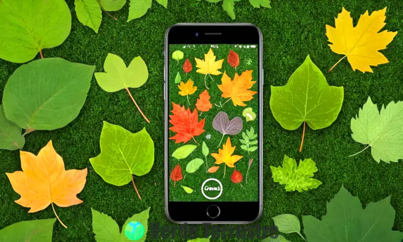 Ilustración de hojas de árboles de varios colores y formas con un smartphone mostrando una aplicación de identificación de especies en un fondo de bosque sereno