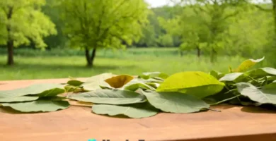Varias hojas de árboles de diferentes formas y colores sobre una mesa de madera