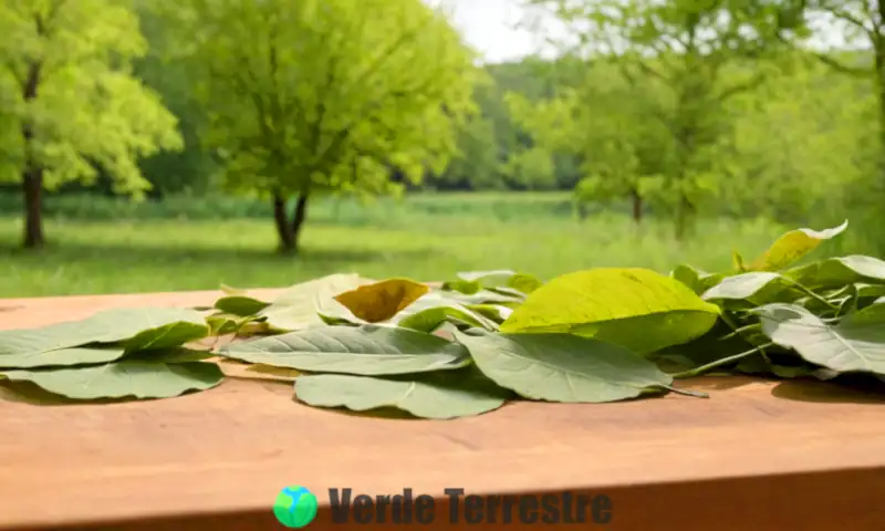 Varias hojas de árboles de diferentes formas y colores sobre una mesa de madera