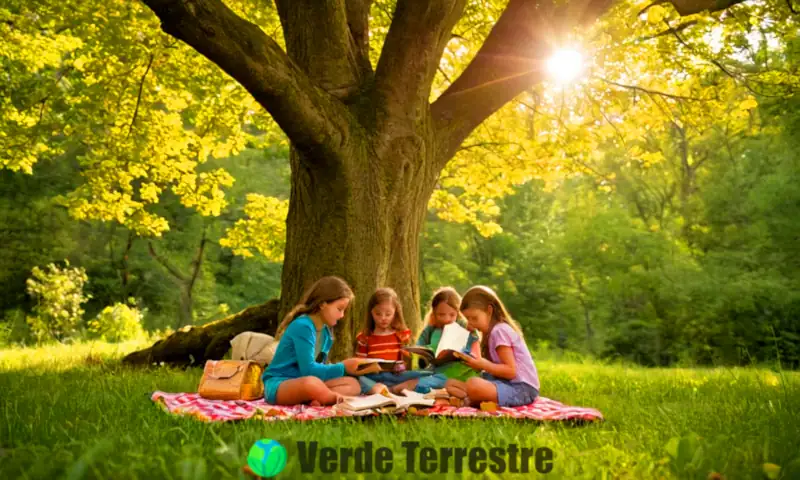 Escena al aire libre con un libro sobre un mantel de picnic, niños observando hojas de árboles diversos bajo un bosque soleado