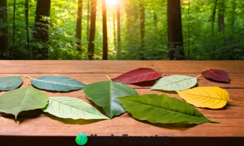 Ilustración de hojas de árboles en una mesa de madera, con etiquetas de identificación y un fondo de bosque iluminado por el sol