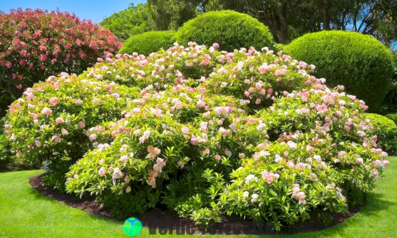 Jardín vibrante con arbustos de Abelia grandiflora en flor, fondo soleado y vegetación verde