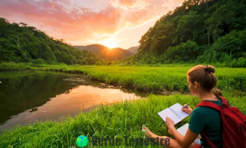 Persona estudiando la naturaleza en un paisaje verde diverso, con un atardecer vibrante de fondo