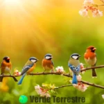 Trece pájaros cantores de colores brillantes posan en ramas floreadas en un jardín sereno al amanecer