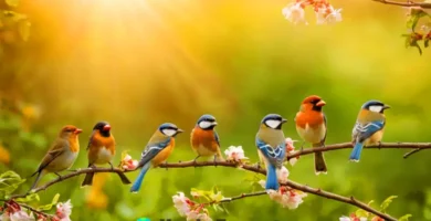 Trece pájaros cantores de colores brillantes posan en ramas floreadas en un jardín sereno al amanecer