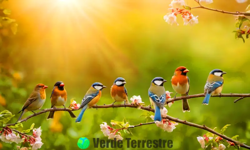 Trece pájaros cantores de colores brillantes posan en ramas floreadas en un jardín sereno al amanecer