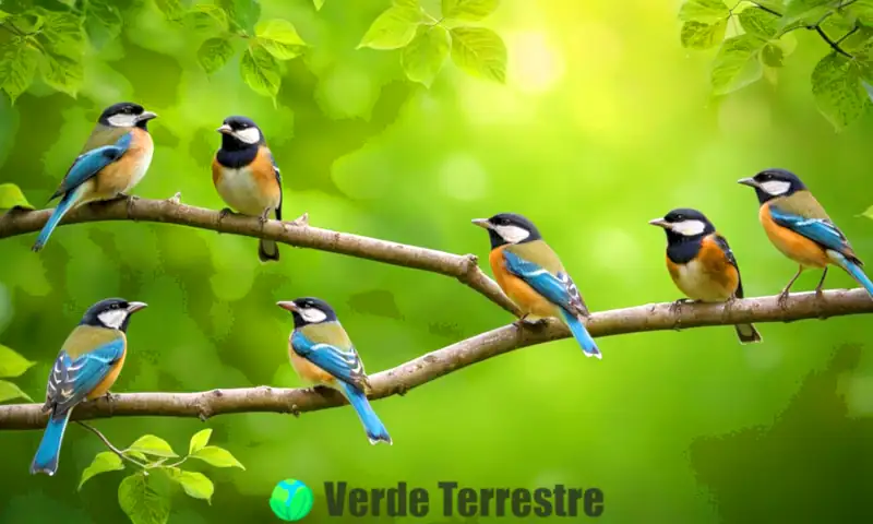 Trece aves cantoras de colores únicos posan entre árboles verdes en un bosque tranquilo