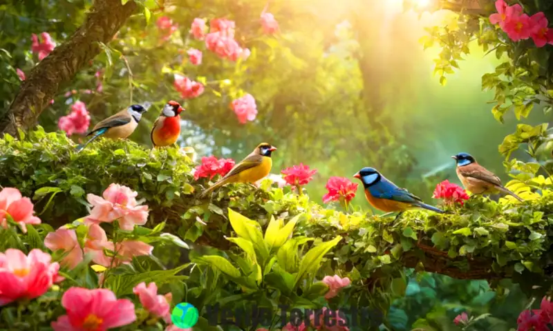 Trece aves cantoras de plumaje vibrante posadas en ramas verdes, rodeadas de flores y luz suave, transmiten serenidad y armonía