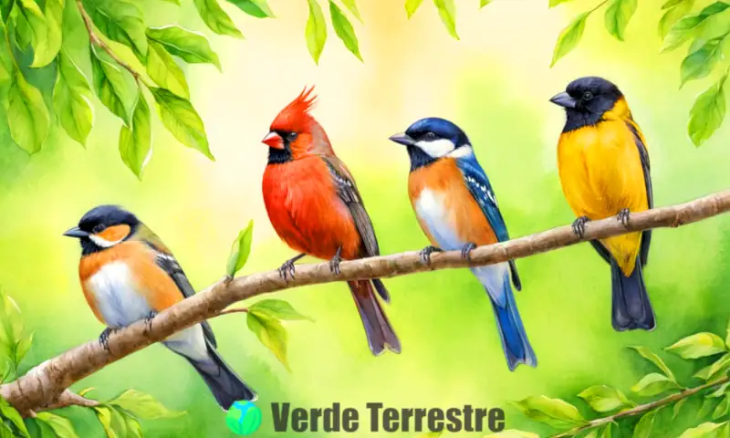 Trece aves cantoras de colores vibrantes posadas en ramas verdes bajo un suave rayo de sol