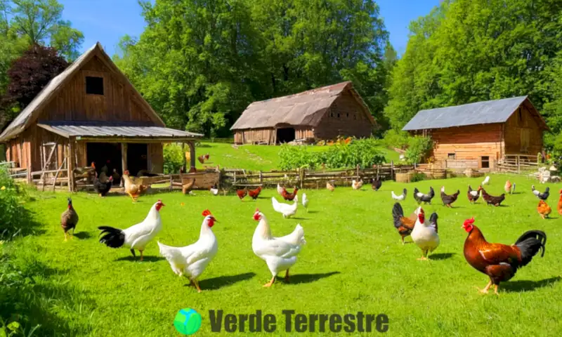 Granja ecológica con gallinas y patos libres en un entorno verde, rodeados de verduras y hierbas, con un granero rústico y personas trabajando
