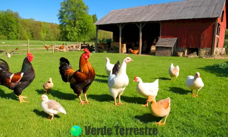 Escena de granja vibrante con aves de corral, un granero rústico y un cielo azul
