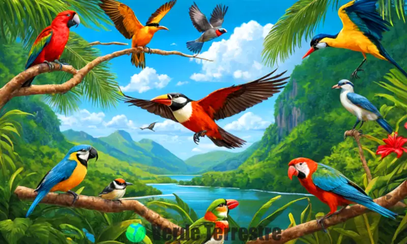 Ilustración colorida de 64 especies de aves en peligro en un entorno tropical, mostrando sus plumas y hábitats diversos