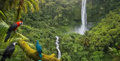 Ilustración hiperrealista de 64 aves en peligro de extinción en una selva vibrante