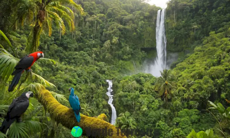 Ilustración hiperrealista de 64 aves en peligro de extinción en una selva vibrante