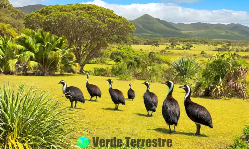 Ilustración colorida de diez aves no voladoras en sus hábitats naturales, incluyendo avestruces, emús, kiwis, pingüinos y casuarios